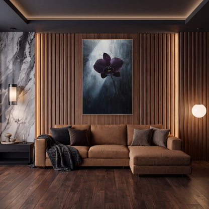 Aubergine Orchid Moody Botanical wall art in an elegant modern room – single dark aubergine orchid with gold center