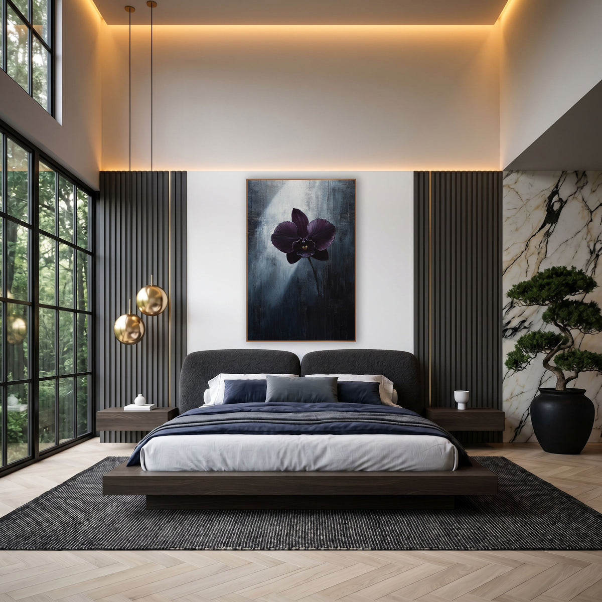 Aubergine Orchid Moody Botanical wall art in an elegant modern room – single dark aubergine orchid with gold center