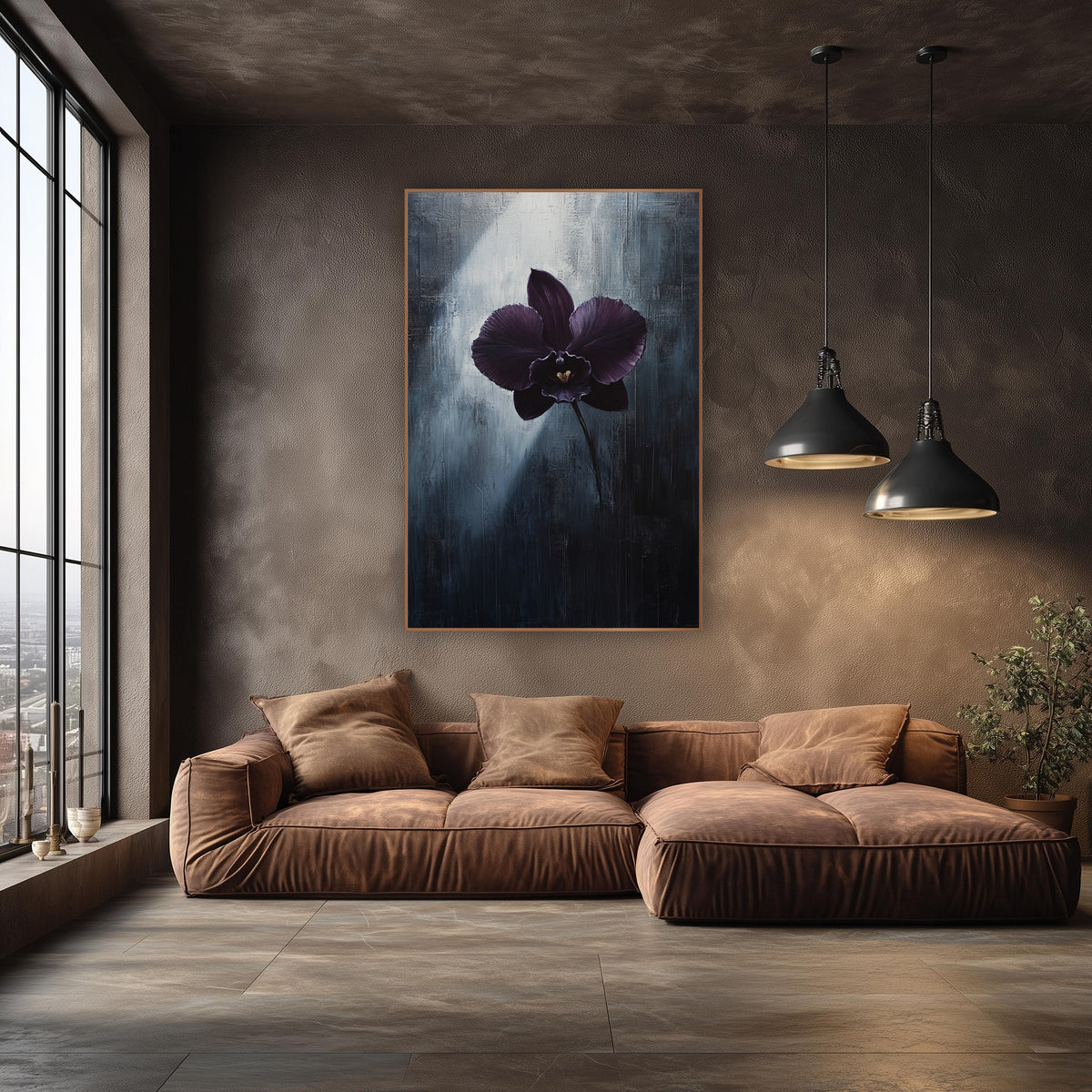Aubergine Orchid Moody Botanical wall art in an elegant modern room – single dark aubergine orchid with gold center