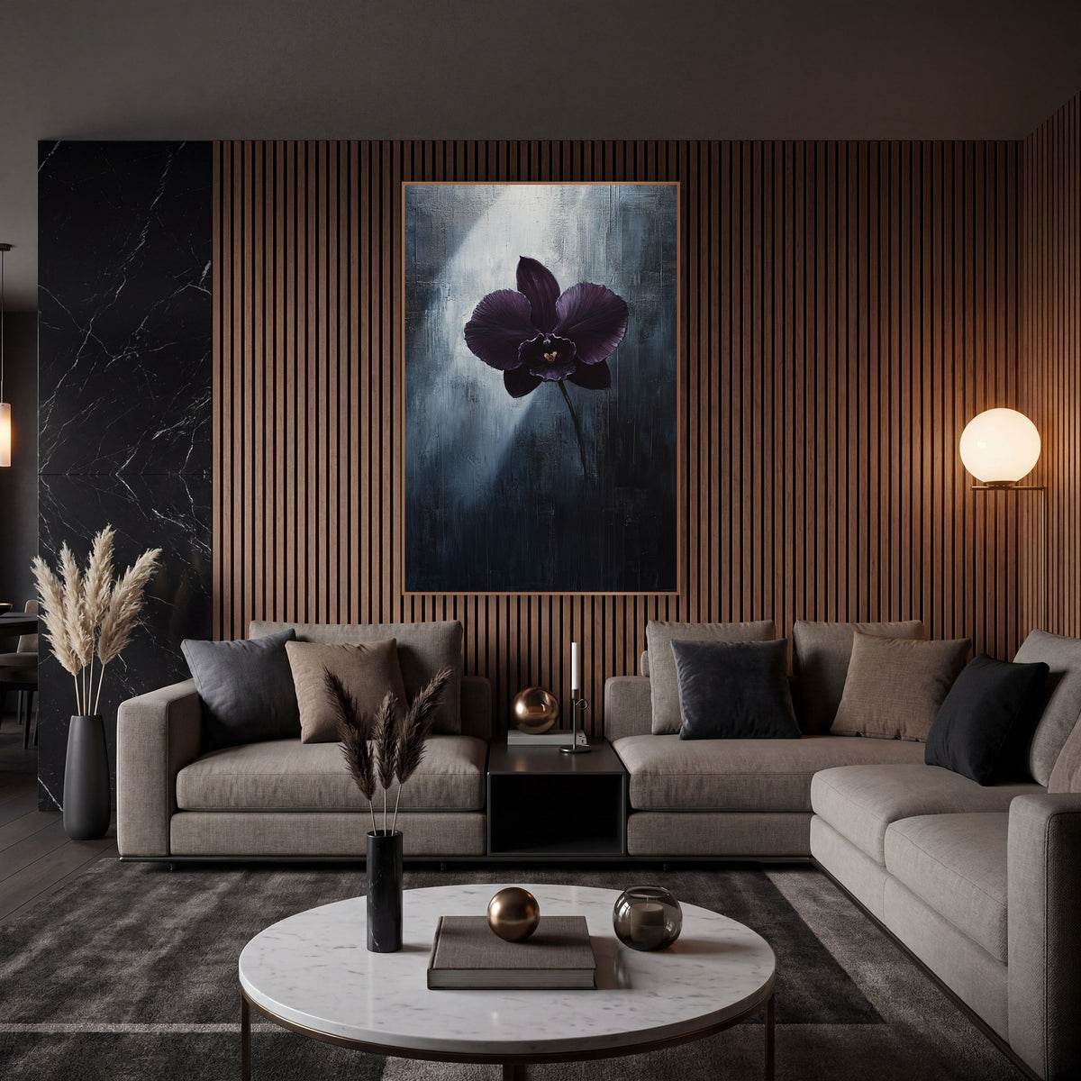 Aubergine Orchid Moody Botanical wall art in an elegant modern room – single dark aubergine orchid with gold center