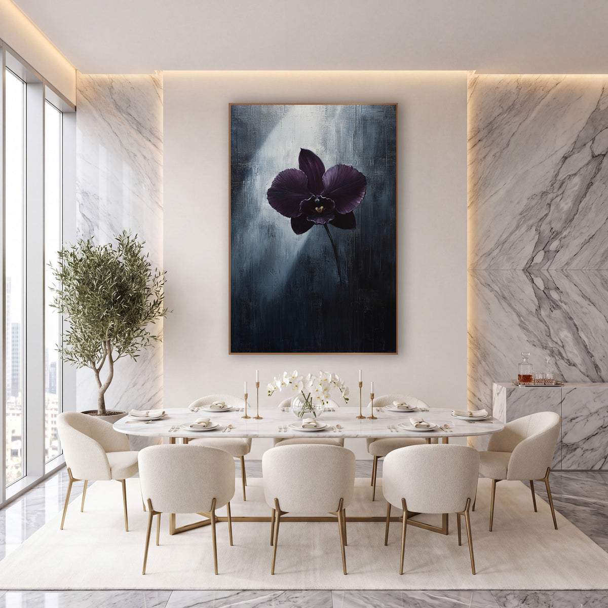 Aubergine Orchid Moody Botanical wall art in an elegant modern room – single dark aubergine orchid with gold center