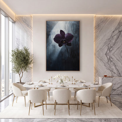 Aubergine Orchid Moody Botanical wall art in an elegant modern room – single dark aubergine orchid with gold center