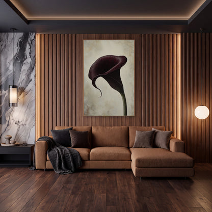 Curling Tip Burgundy Calla Luxe wall art in an elegant modern room – single deep burgundy calla lily with a curling