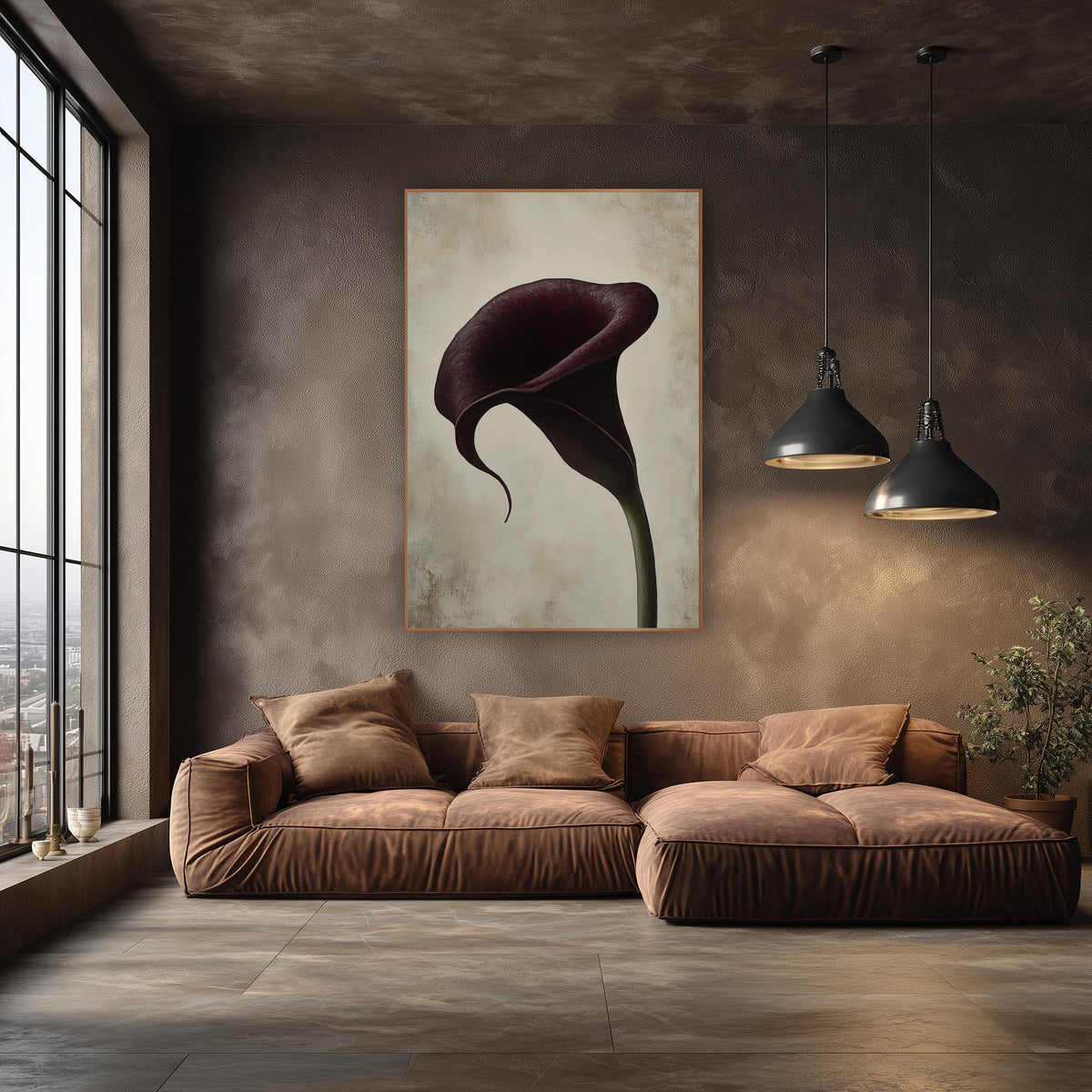 Curling Tip Burgundy Calla Luxe wall art in an elegant modern room – single deep burgundy calla lily with a curling