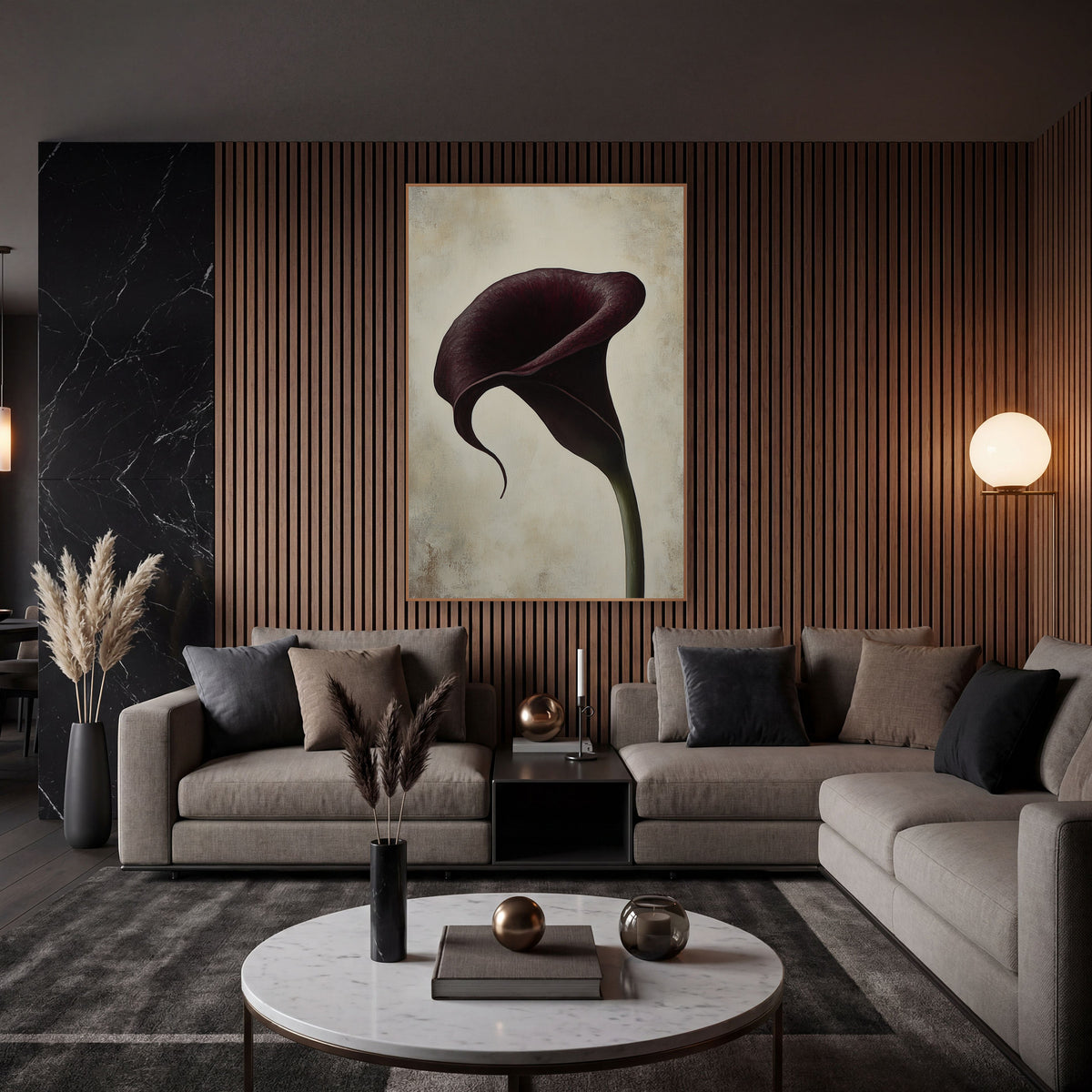 Curling Tip Burgundy Calla Luxe wall art in an elegant modern room – single deep burgundy calla lily with a curling