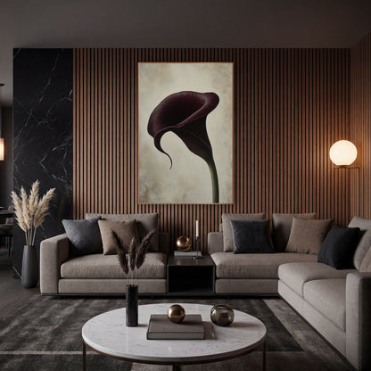 Curling Tip Burgundy Calla Luxe wall art in an elegant modern room – single deep burgundy calla lily with a curling