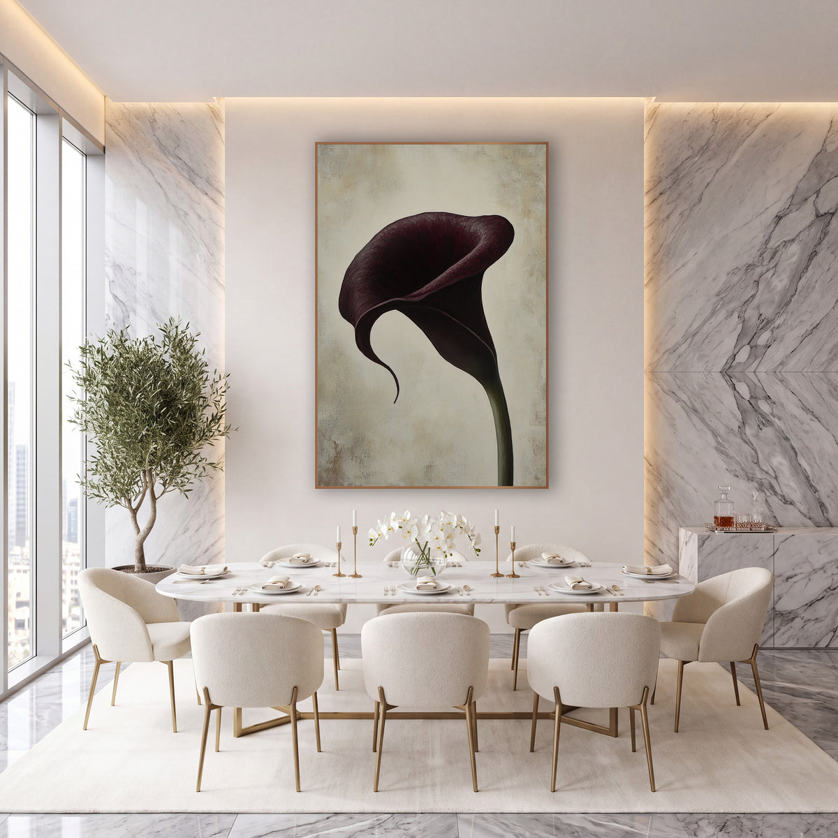 Curling Tip Burgundy Calla Luxe wall art in an elegant modern room – single deep burgundy calla lily with a curling