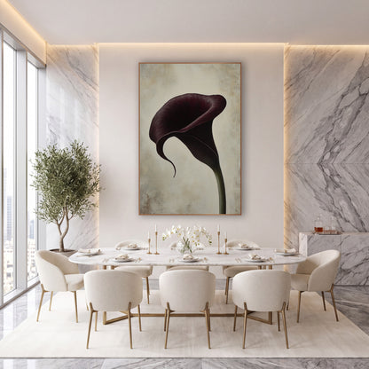 Curling Tip Burgundy Calla Luxe wall art in an elegant modern room – single deep burgundy calla lily with a curling