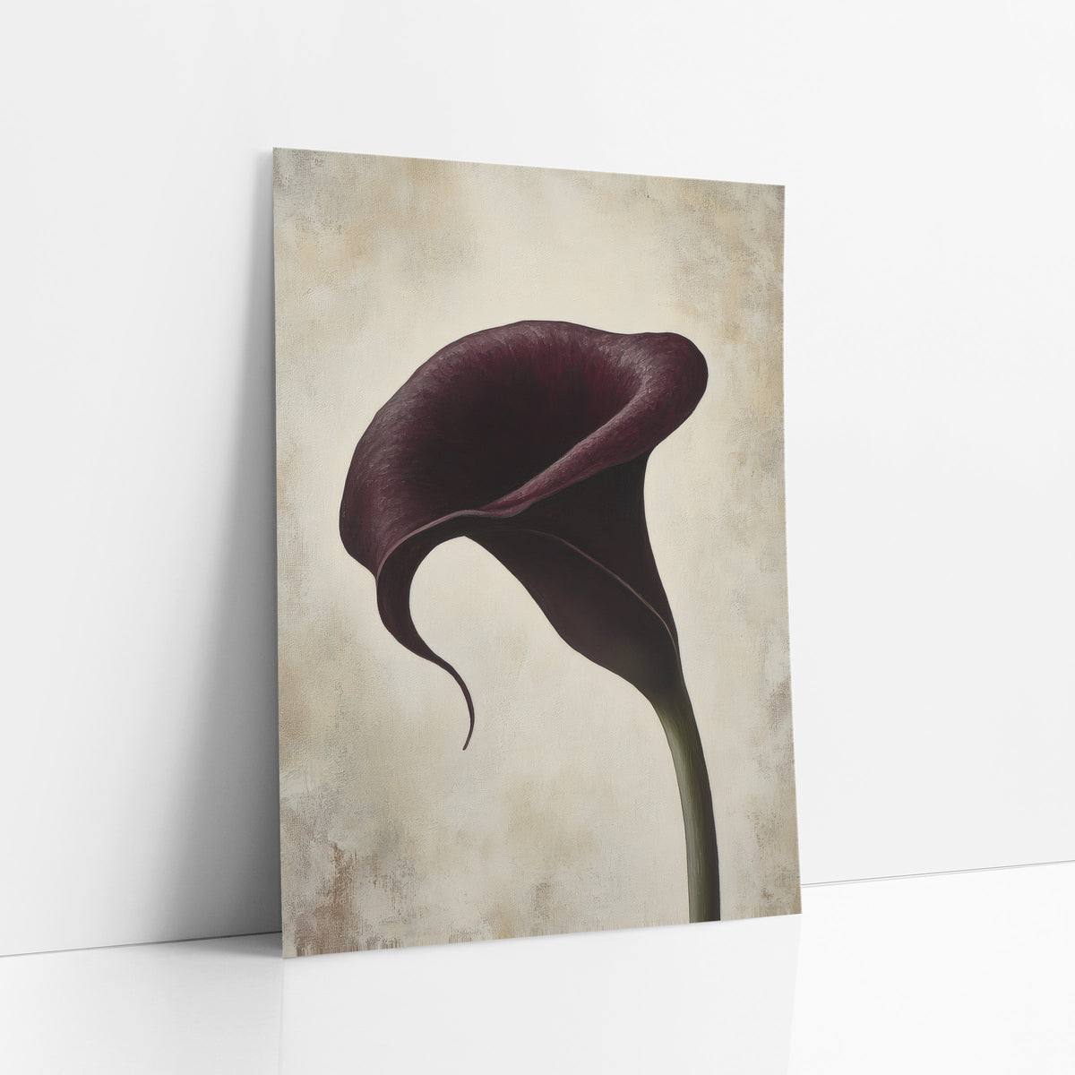 Curling Tip Burgundy Calla Luxe art print leaning against a white wall – single deep burgundy calla lily with a curling petal