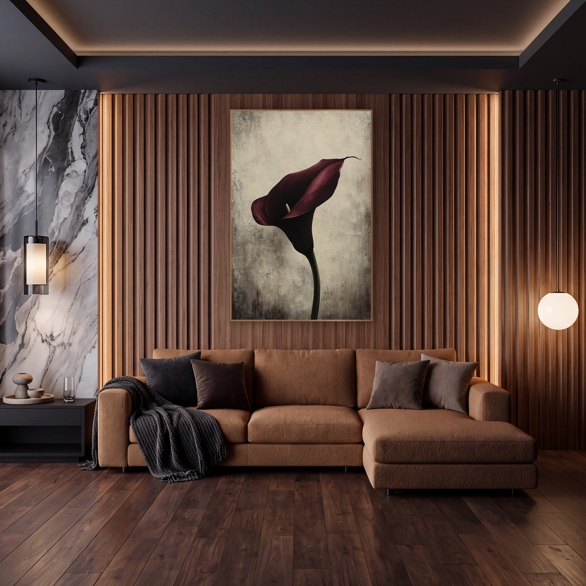 Upright Spadix Burgundy Calla Moody wall art in an elegant modern room – single deep burgundy calla lily on a curved