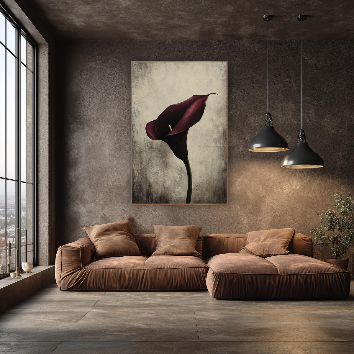 Upright Spadix Burgundy Calla Moody wall art in an elegant modern room – single deep burgundy calla lily on a curved