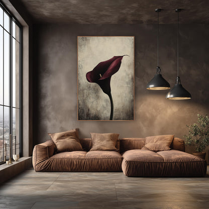 Upright Spadix Burgundy Calla Moody wall art in an elegant modern room – single deep burgundy calla lily on a curved