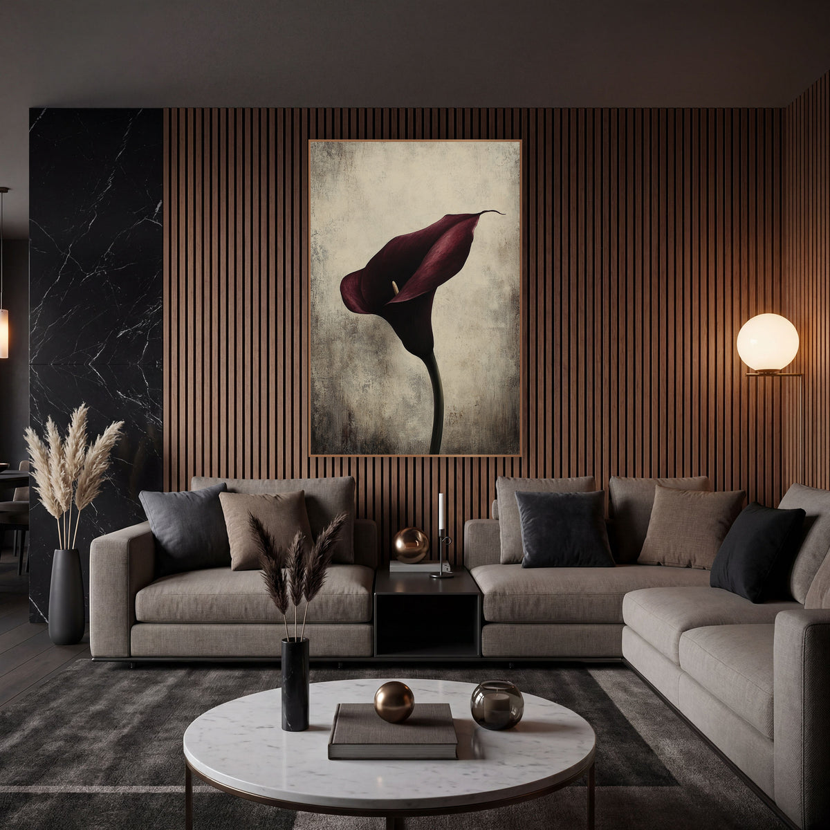 Upright Spadix Burgundy Calla Moody wall art in an elegant modern room – single deep burgundy calla lily on a curved