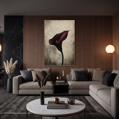 Upright Spadix Burgundy Calla Moody wall art in an elegant modern room – single deep burgundy calla lily on a curved