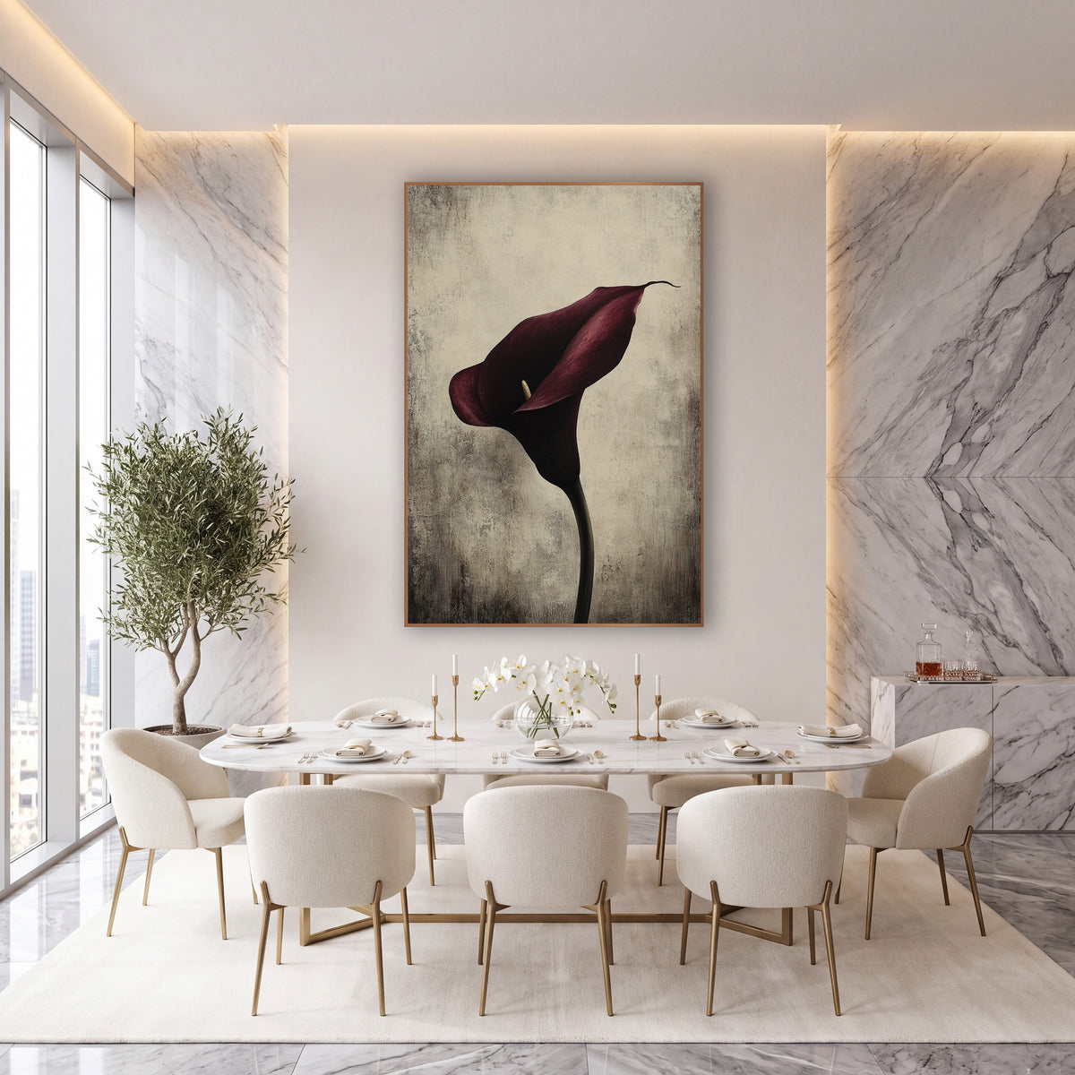 Upright Spadix Burgundy Calla Moody wall art in an elegant modern room – single deep burgundy calla lily on a curved