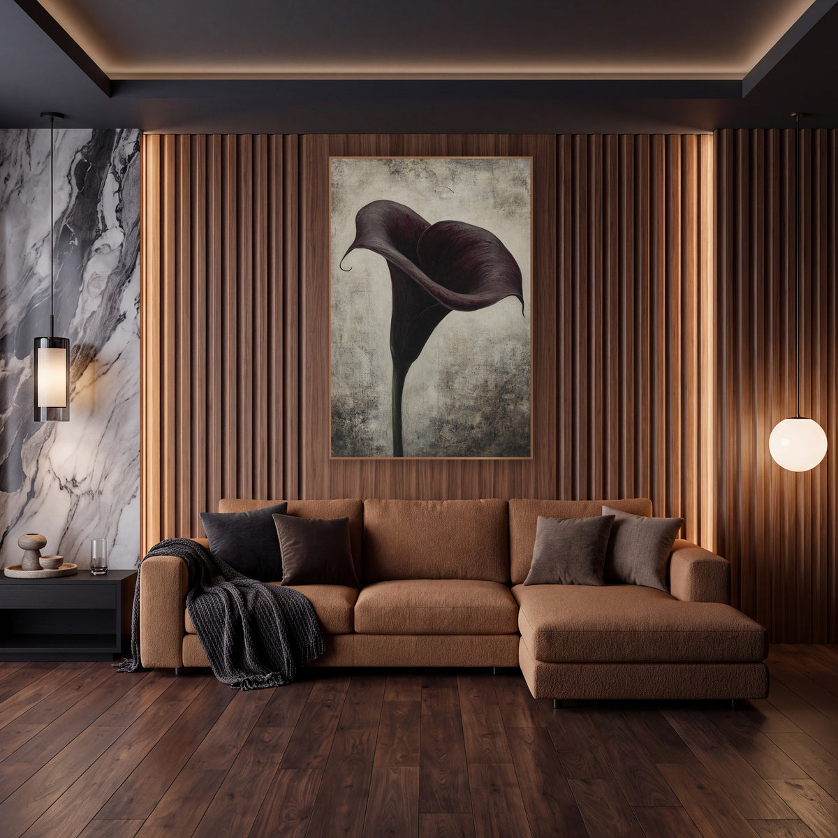 Twin Swirl Plum Calla Weathered wall art in an elegant modern room – single deep burgundy calla lily with a curled
