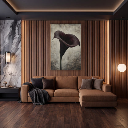 Twin Swirl Plum Calla Weathered wall art in an elegant modern room – single deep burgundy calla lily with a curled