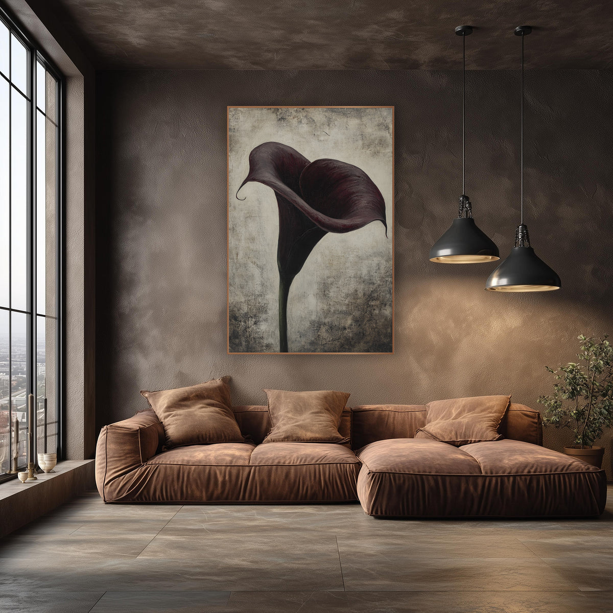 Twin Swirl Plum Calla Weathered wall art in an elegant modern room – single deep burgundy calla lily with a curled