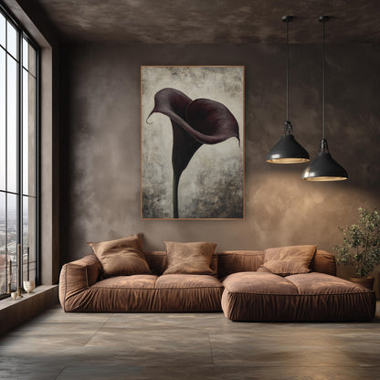 Twin Swirl Plum Calla Weathered wall art in an elegant modern room – single deep burgundy calla lily with a curled