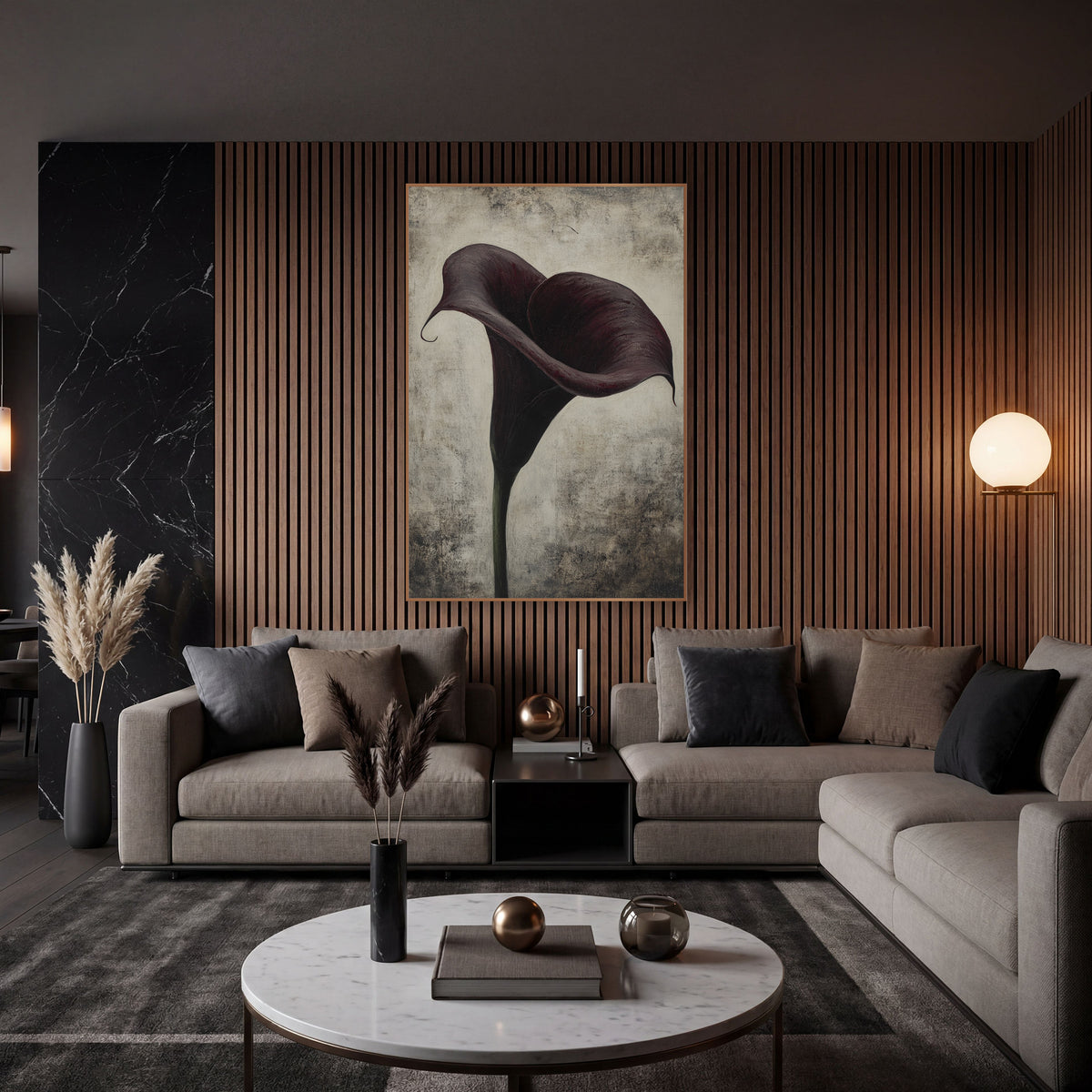 Twin Swirl Plum Calla Weathered wall art in an elegant modern room – single deep burgundy calla lily with a curled