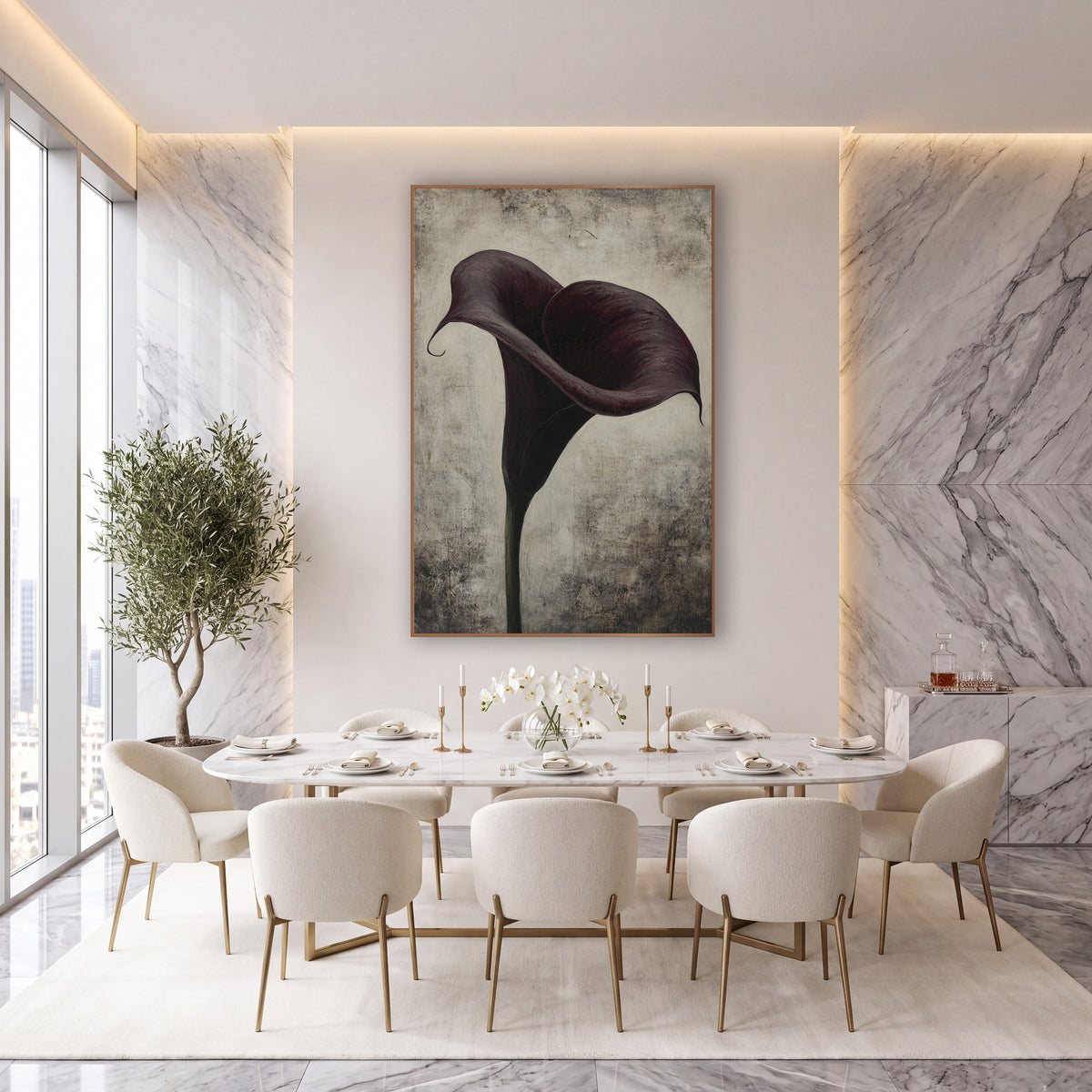 Twin Swirl Plum Calla Weathered wall art in an elegant modern room – single deep burgundy calla lily with a curled