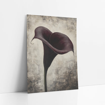 Twin Swirl Plum Calla Weathered art print leaning against a white wall – single deep burgundy calla lily with a curled petal