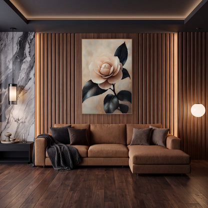 Blush Camellia Bloom Moody Botanical wall art in an elegant modern room – single blush pink camellia with layered