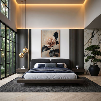Blush Camellia Bloom Moody Botanical wall art in an elegant modern room – single blush pink camellia with layered