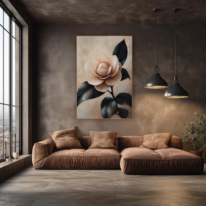 Blush Camellia Bloom Moody Botanical wall art in an elegant modern room – single blush pink camellia with layered
