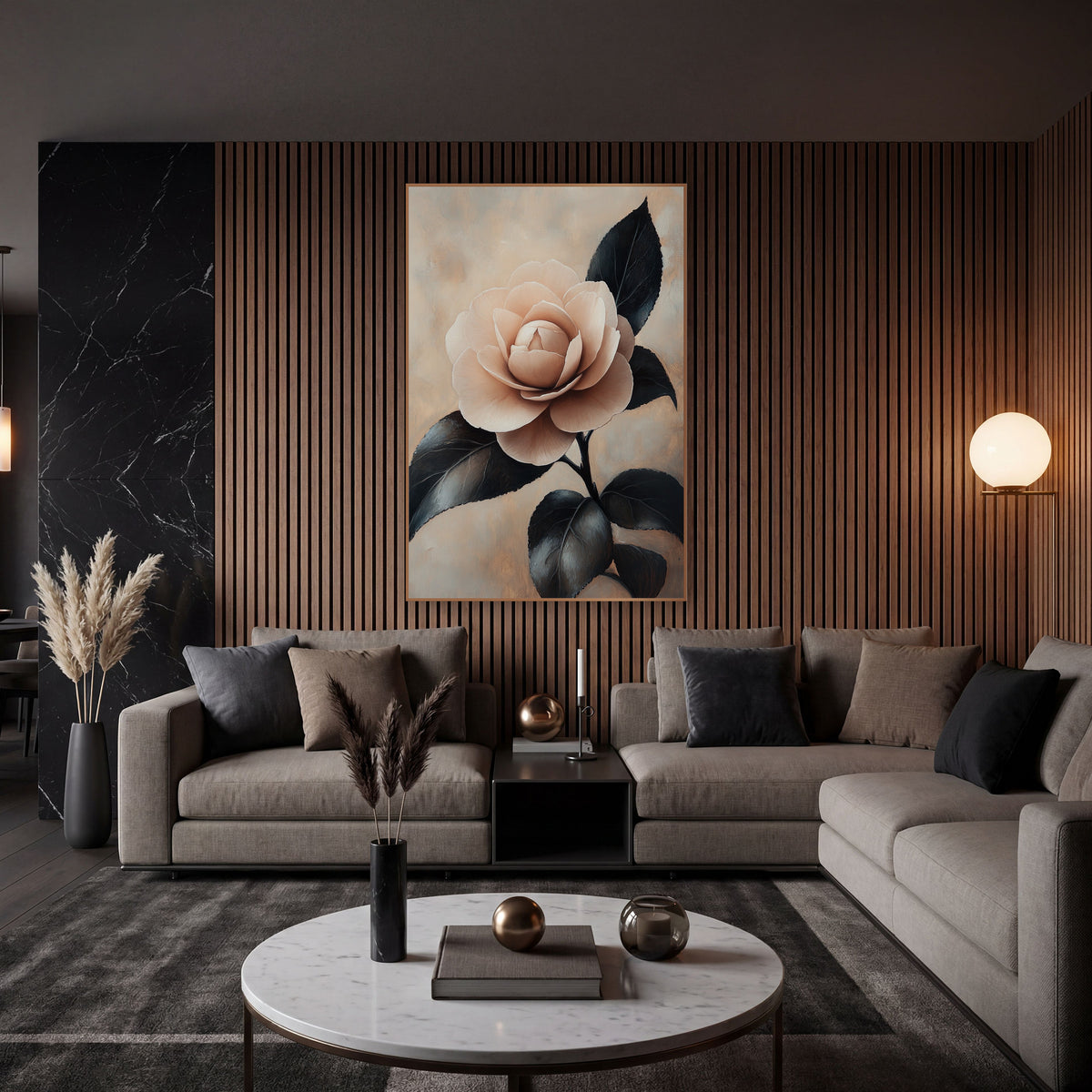 Blush Camellia Bloom Moody Botanical wall art in an elegant modern room – single blush pink camellia with layered