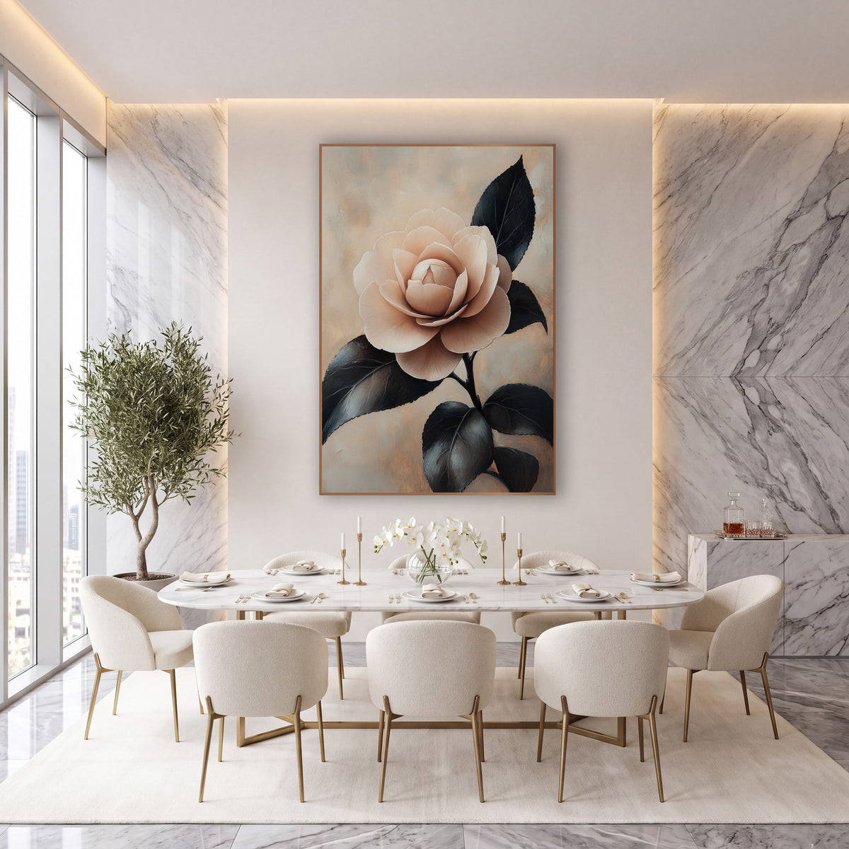Blush Camellia Bloom Moody Botanical wall art in an elegant modern room – single blush pink camellia with layered