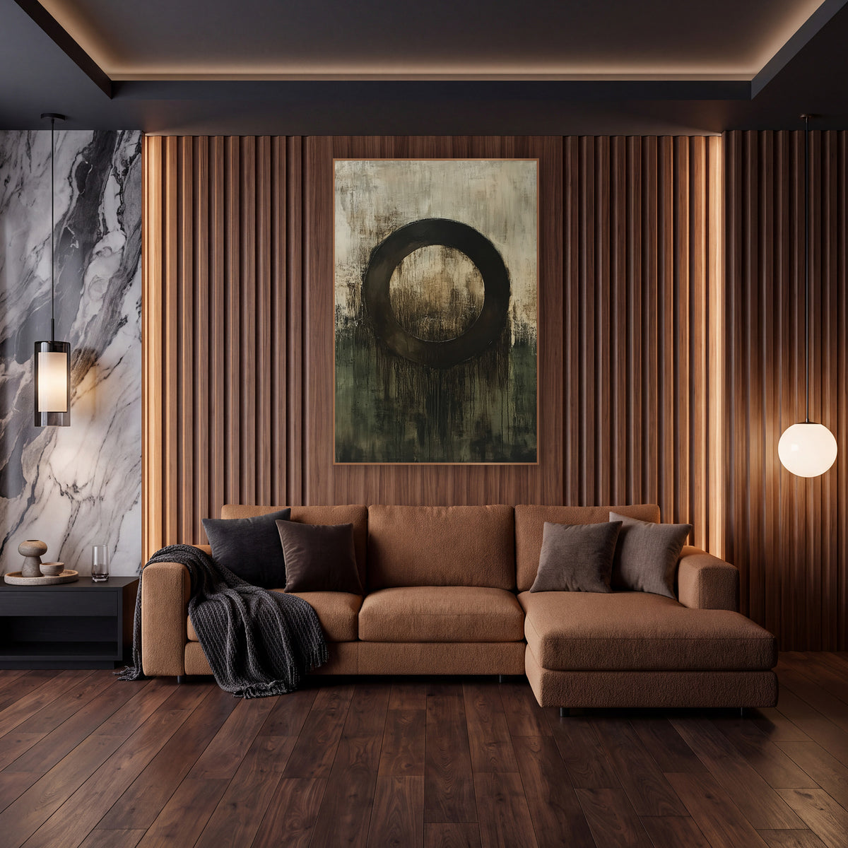 Dark Ring Olive Abstract Modern wall art in an elegant modern room – abstract artwork of a thick dark brown ring