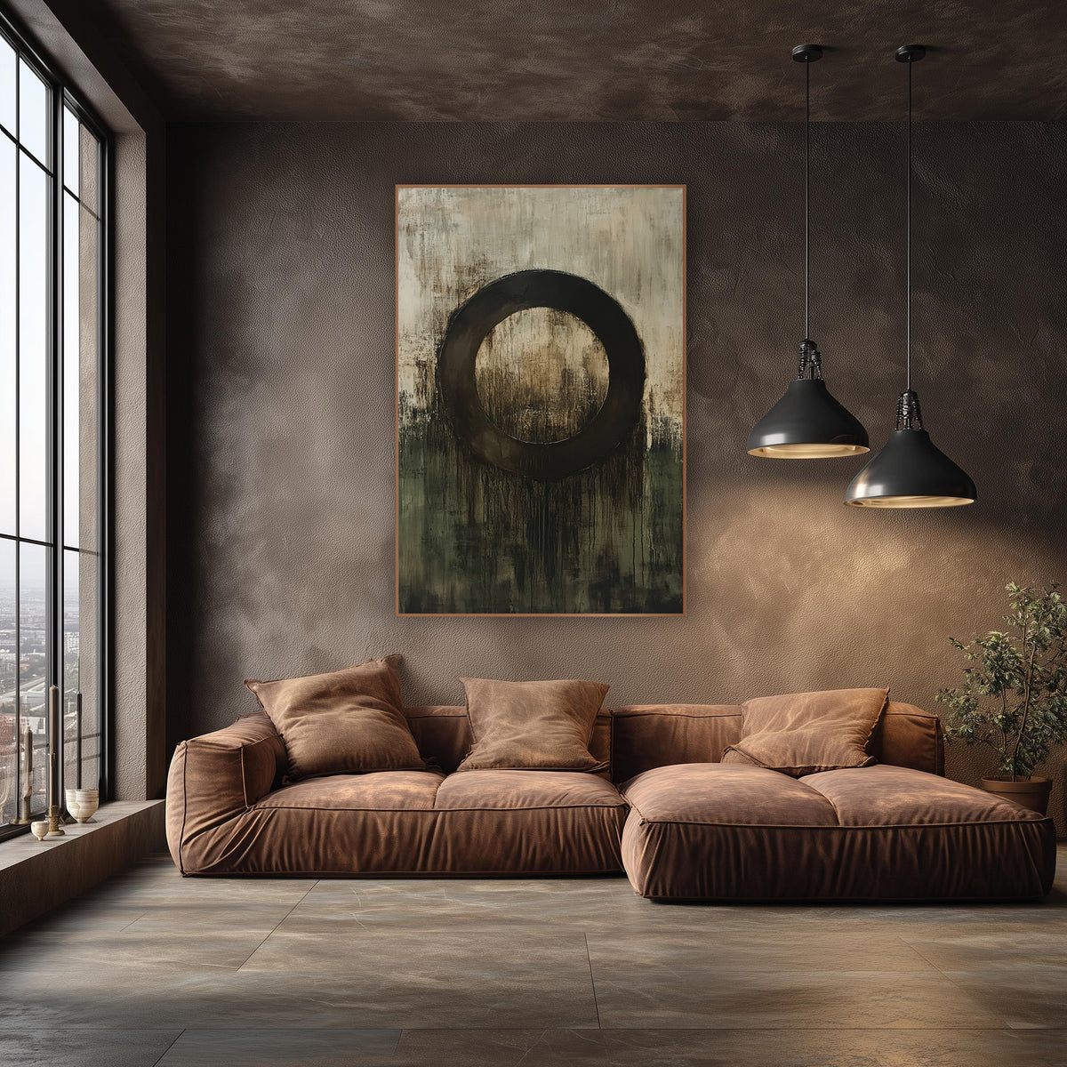Dark Ring Olive Abstract Modern wall art in an elegant modern room – abstract artwork of a thick dark brown ring