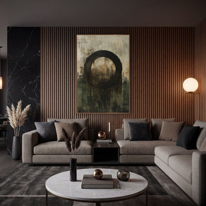 Dark Ring Olive Abstract Modern wall art in an elegant modern room – abstract artwork of a thick dark brown ring