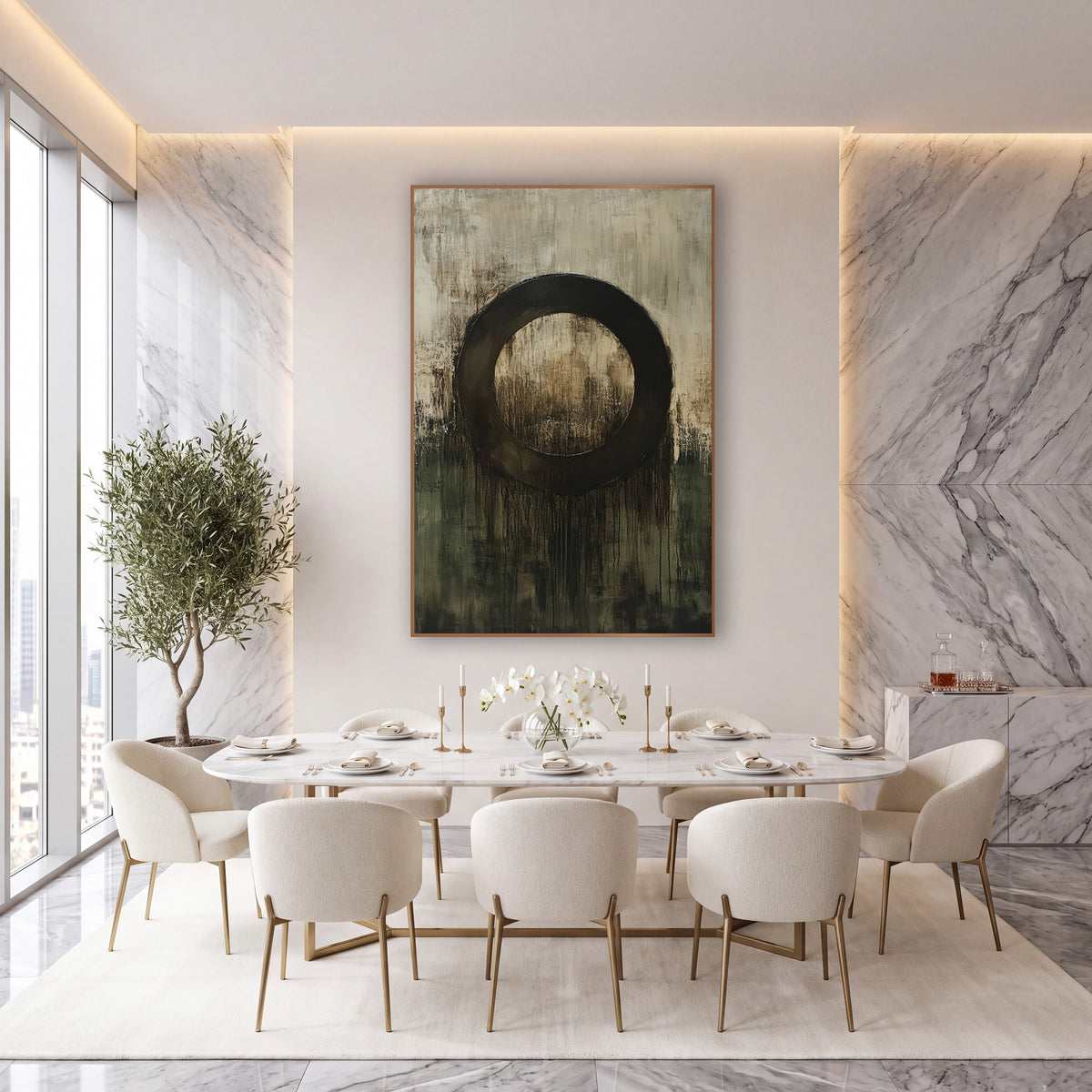 Dark Ring Olive Abstract Modern wall art in an elegant modern room – abstract artwork of a thick dark brown ring