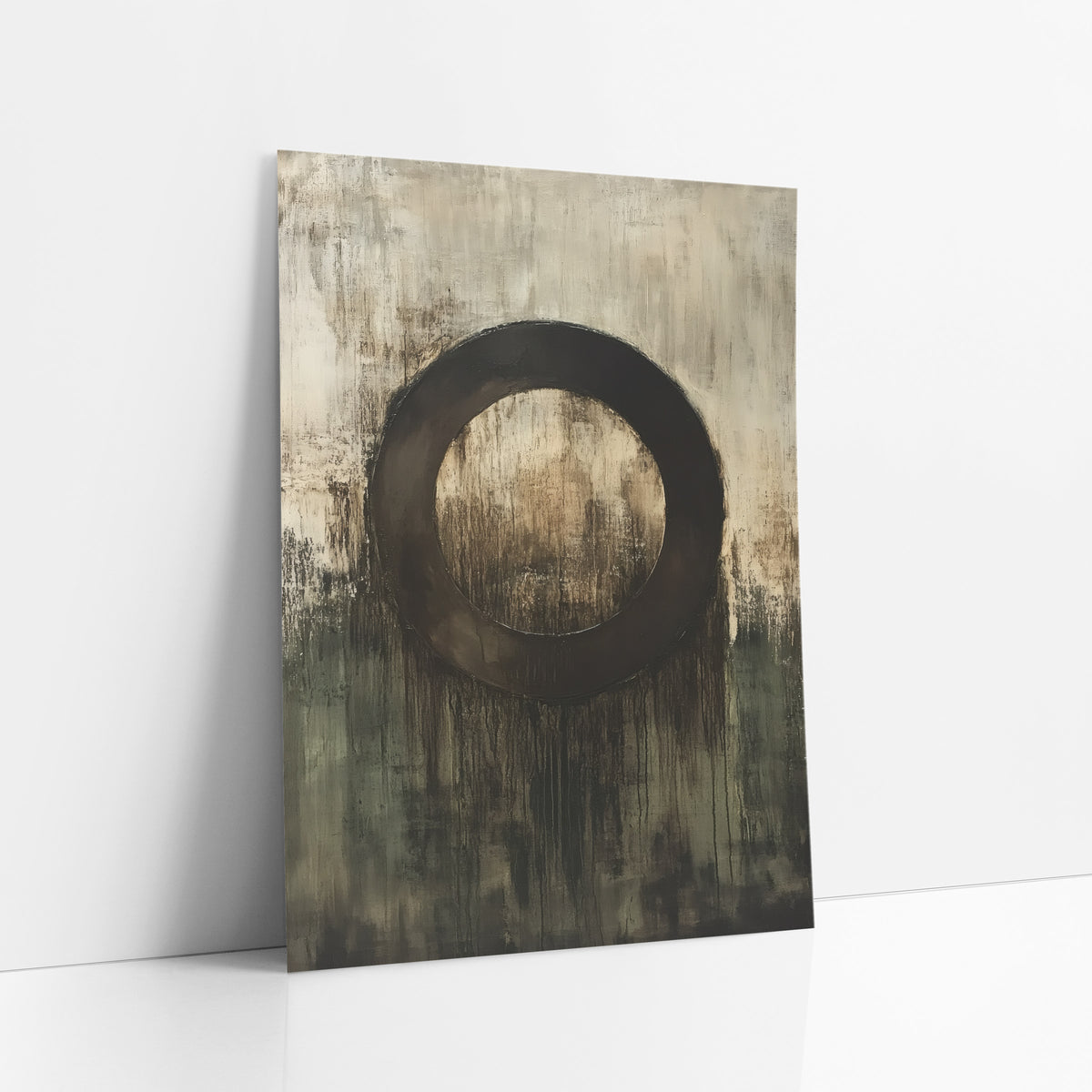 Dark Ring Olive Abstract Modern art print leaning against a white wall – abstract artwork of a thick dark brown ring