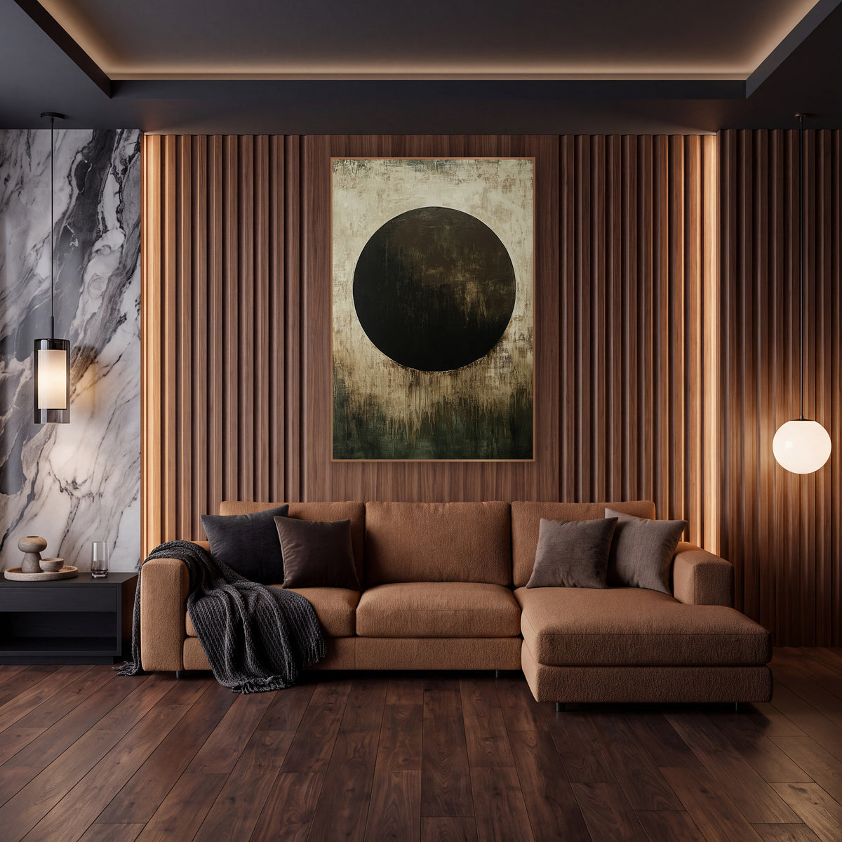 Chocolate Circle Olive Abstract wall art in an elegant modern room – large dark brown circle on a scuffed cream ground