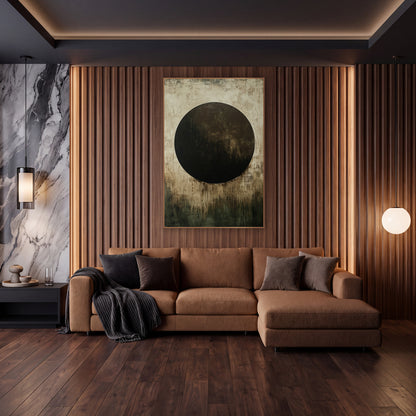 Chocolate Circle Olive Abstract wall art in an elegant modern room – large dark brown circle on a scuffed cream ground
