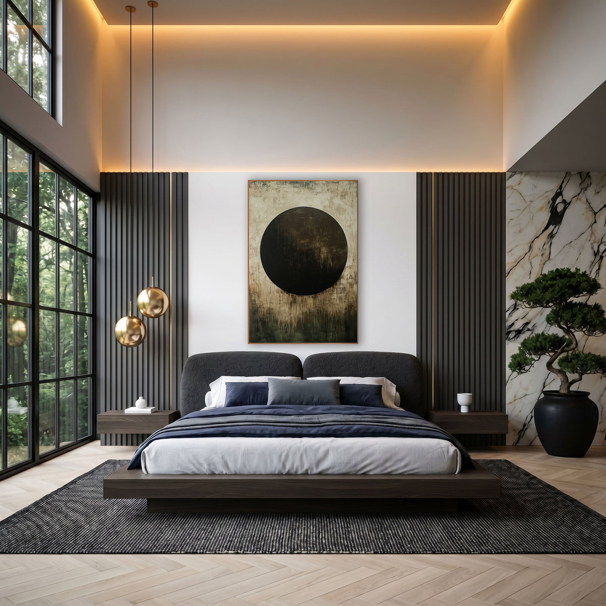 Chocolate Circle Olive Abstract wall art in an elegant modern room – large dark brown circle on a scuffed cream ground
