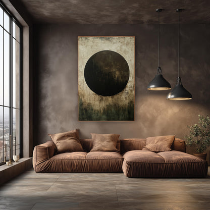 Chocolate Circle Olive Abstract wall art in an elegant modern room – large dark brown circle on a scuffed cream ground