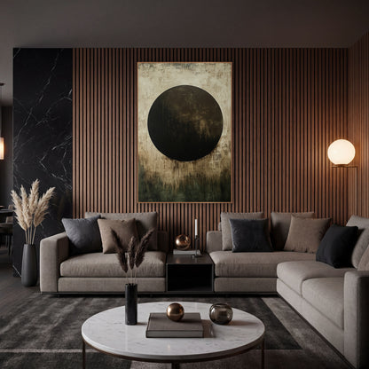 Chocolate Circle Olive Abstract wall art in an elegant modern room – large dark brown circle on a scuffed cream ground