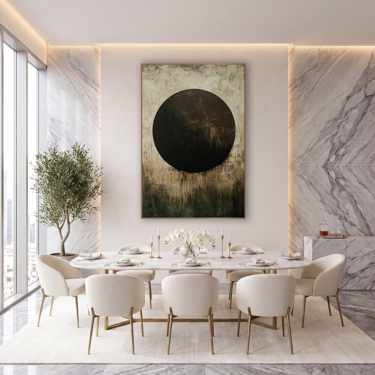 Chocolate Circle Olive Abstract wall art in an elegant modern room – large dark brown circle on a scuffed cream ground