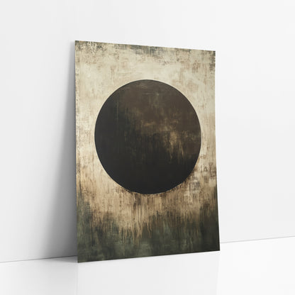Chocolate Circle Olive Abstract art print leaning against a white wall – large dark brown circle on a scuffed cream ground
