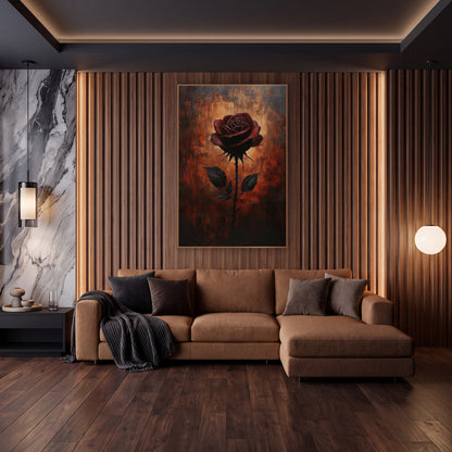 Crimson Rose on Rust Moody Floral wall art in an elegant modern room – single dark red rose on a thorny stem