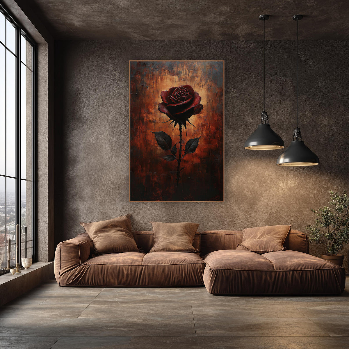 Crimson Rose on Rust Moody Floral wall art in an elegant modern room – single dark red rose on a thorny stem