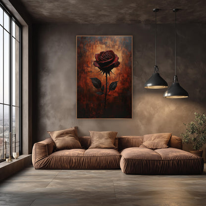 Crimson Rose on Rust Moody Floral wall art in an elegant modern room – single dark red rose on a thorny stem