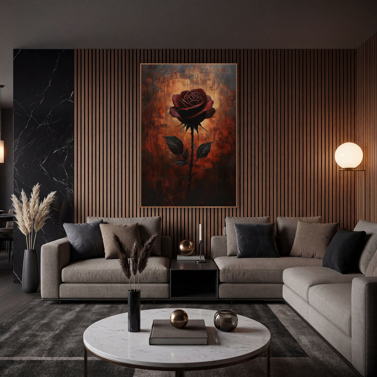 Crimson Rose on Rust Moody Floral wall art in an elegant modern room – single dark red rose on a thorny stem