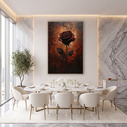 Crimson Rose on Rust Moody Floral wall art in an elegant modern room – single dark red rose on a thorny stem