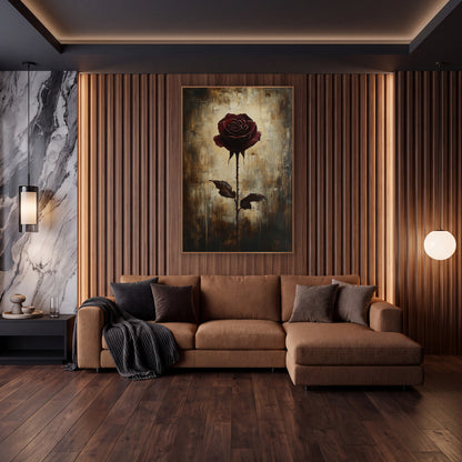 Single Burgundy Rose Moody Botanical wall art in an elegant modern room – single burgundy rose with two dark leaves