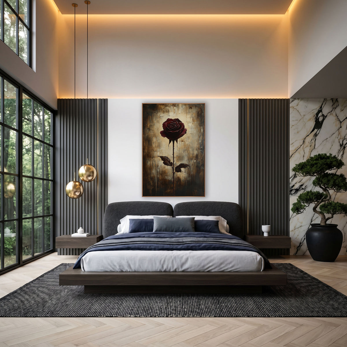 Single Burgundy Rose Moody Botanical wall art in an elegant modern room – single burgundy rose with two dark leaves